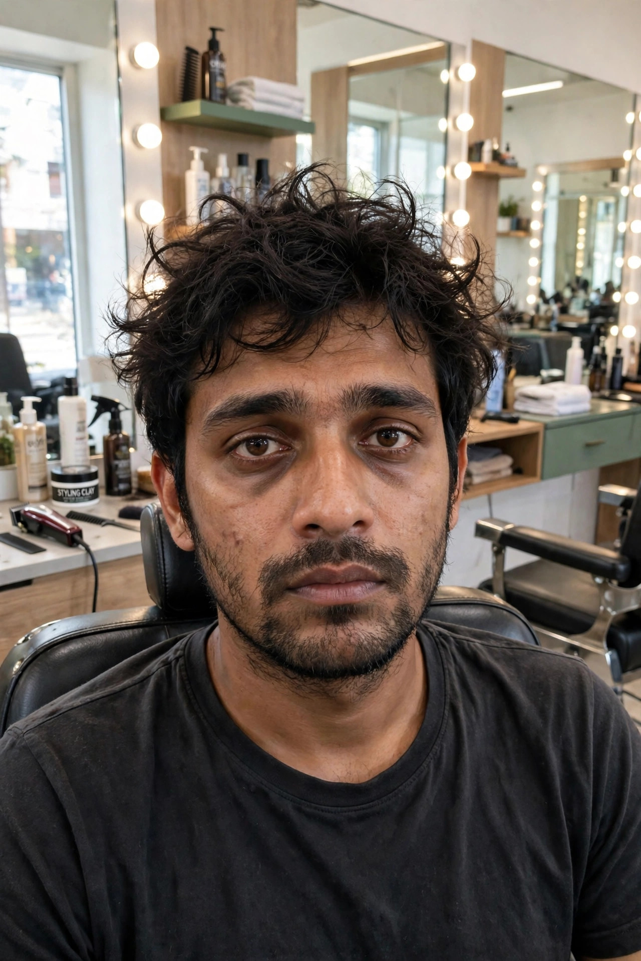 Man dull and scruffy with messy hair and uneven stubble before grooming